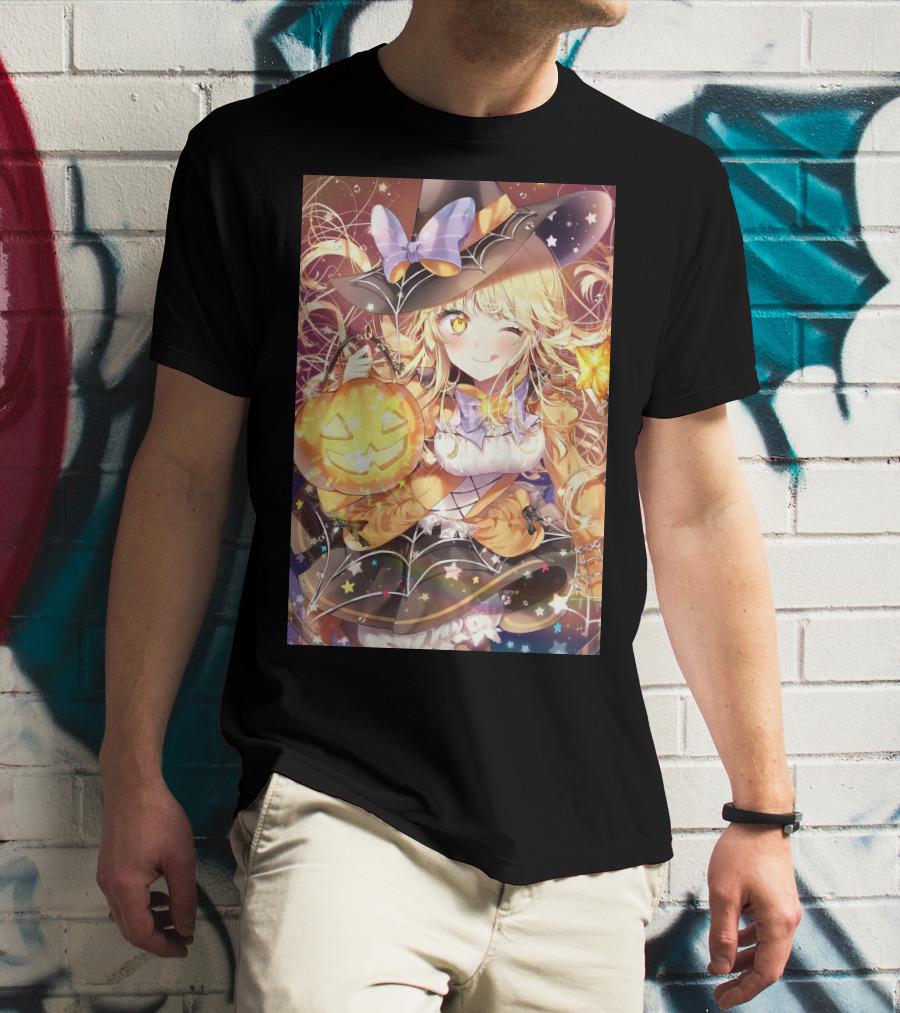 Anime Halloween Witch Girl With Pumpkin Lantern And Stars T-Shirt