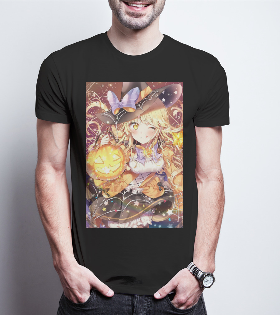 Anime Halloween Witch Girl With Pumpkin Lantern And Stars T-Shirt