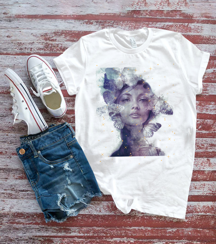 Butterfly And Girl Dreamy Watercolor Portrait With Stars T-Shirt