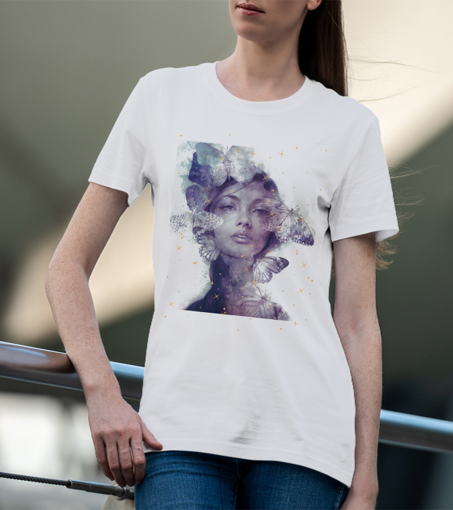 Butterfly And Girl Dreamy Watercolor Portrait With Stars T-Shirt