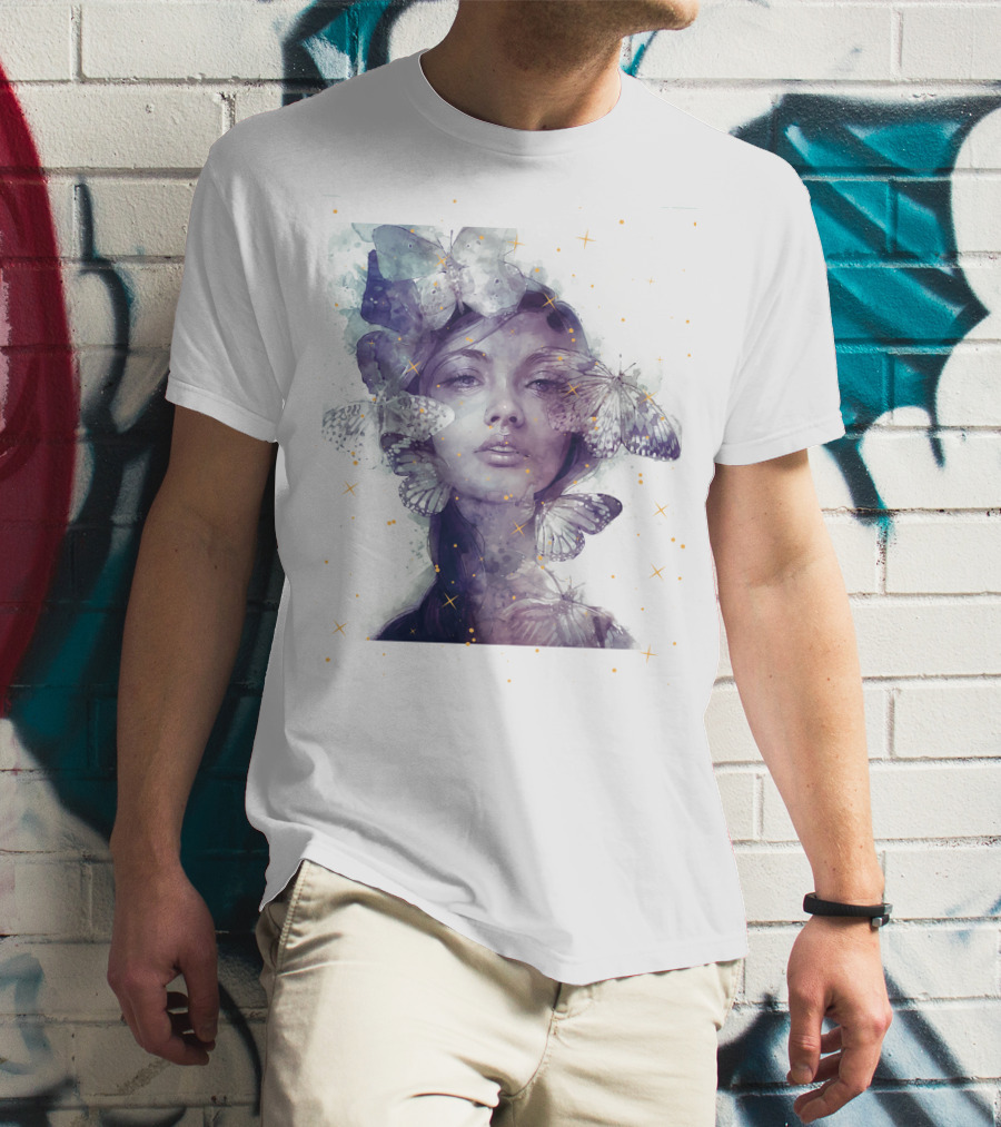 Butterfly And Girl Dreamy Watercolor Portrait With Stars T-Shirt