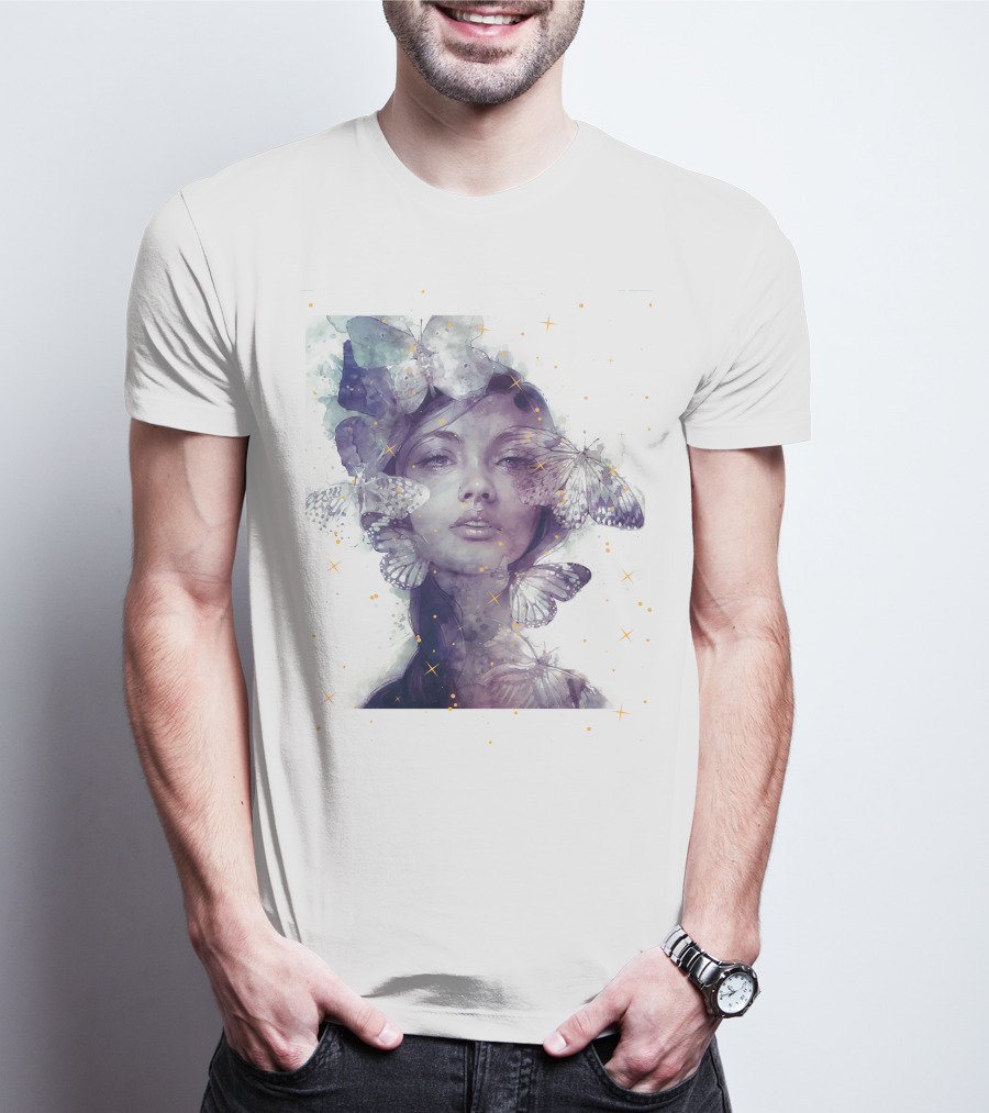 Butterfly And Girl Dreamy Watercolor Portrait With Stars T-Shirt