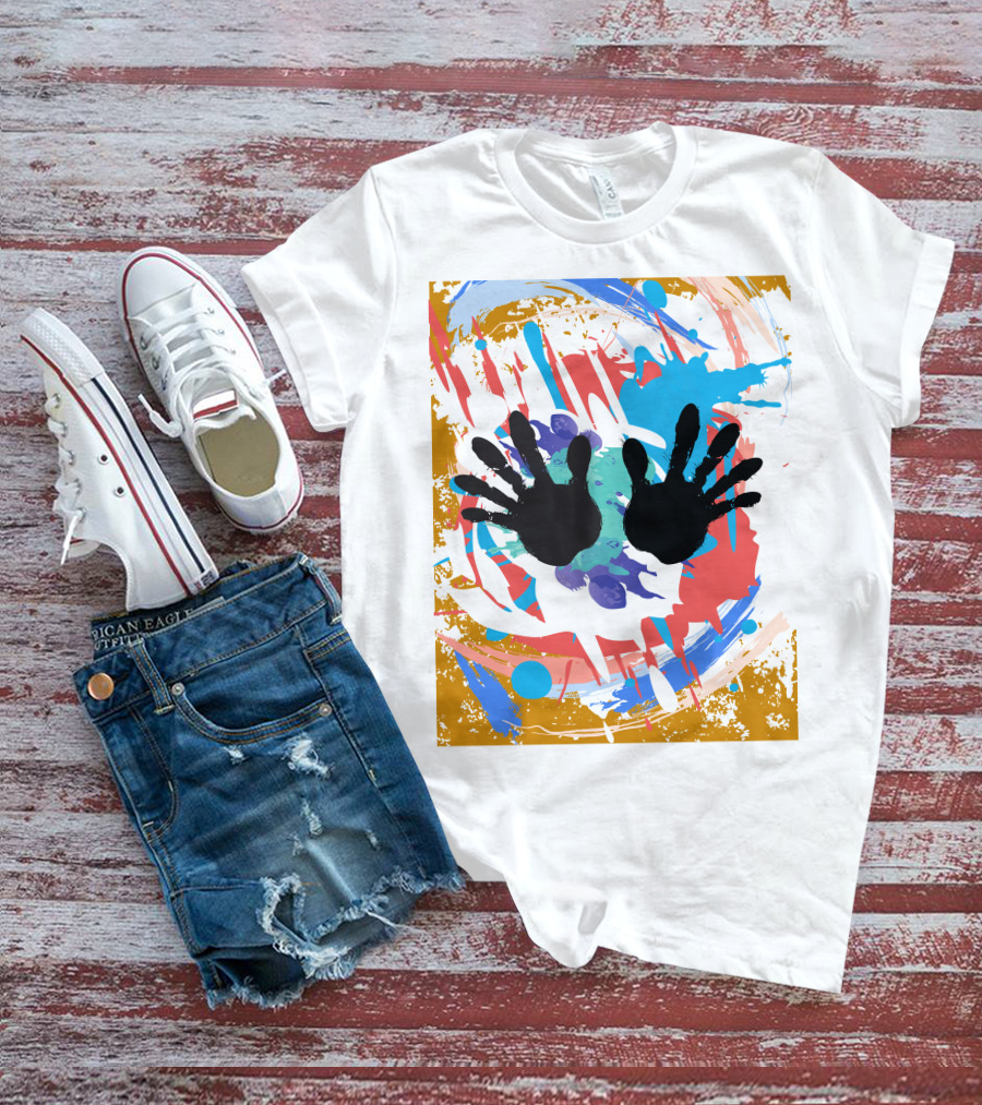 Colorful Splash With Black Handprints T-Shirt