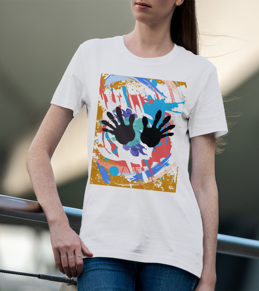 Colorful Splash With Black Handprints T-Shirt
