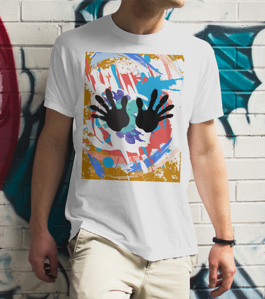 Colorful Splash With Black Handprints T-Shirt