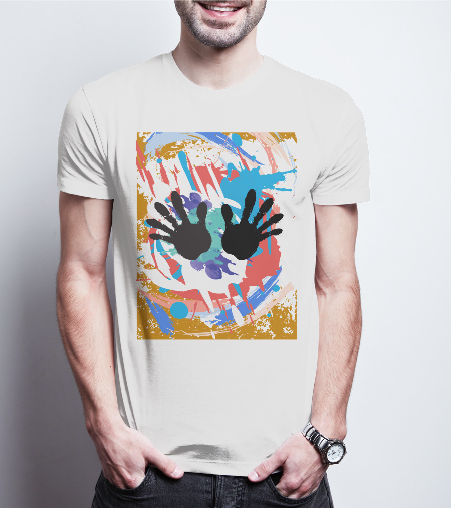 Colorful Splash With Black Handprints T-Shirt