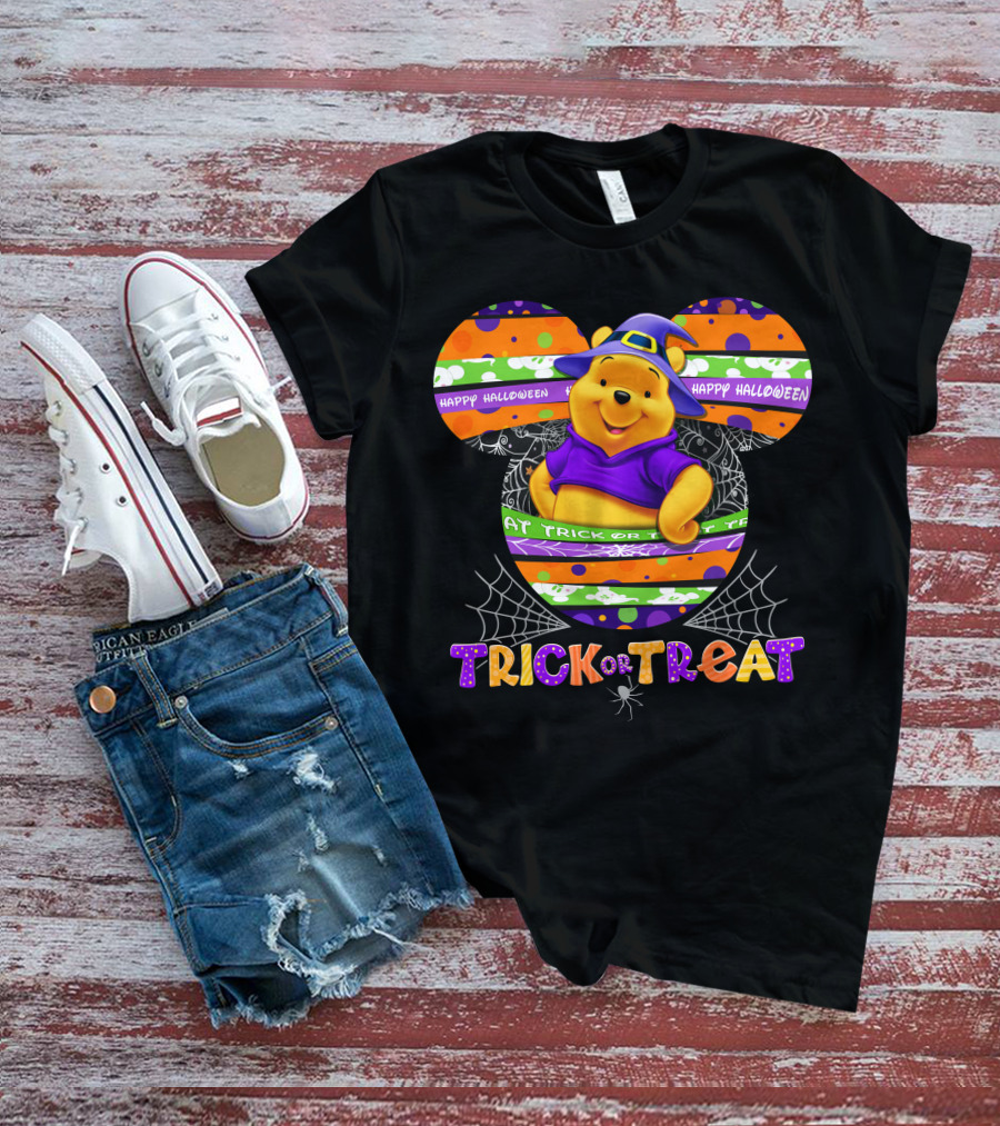 Happy Halloween Trick Or Treat Pooh Witch Hat Spiderwebs T-Shirt