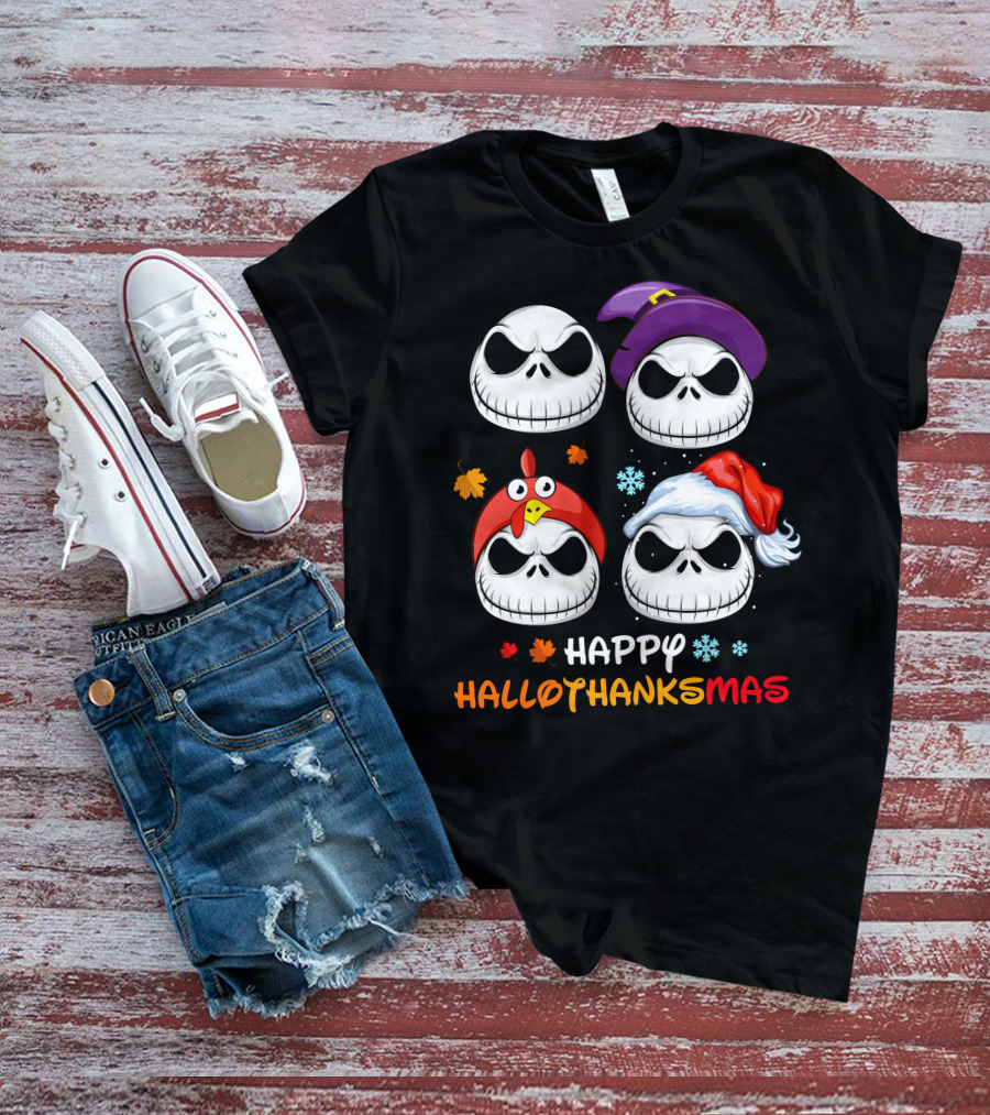 Happy Hallothanksmas Jack Faces With Witch Turkey Santa Hats T-Shirt
