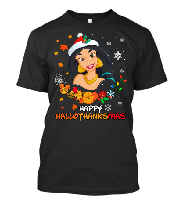 Jasmine Happy Hallothanksmas Snowflakes Autumn Leaves Santa Hat T-Shirt
