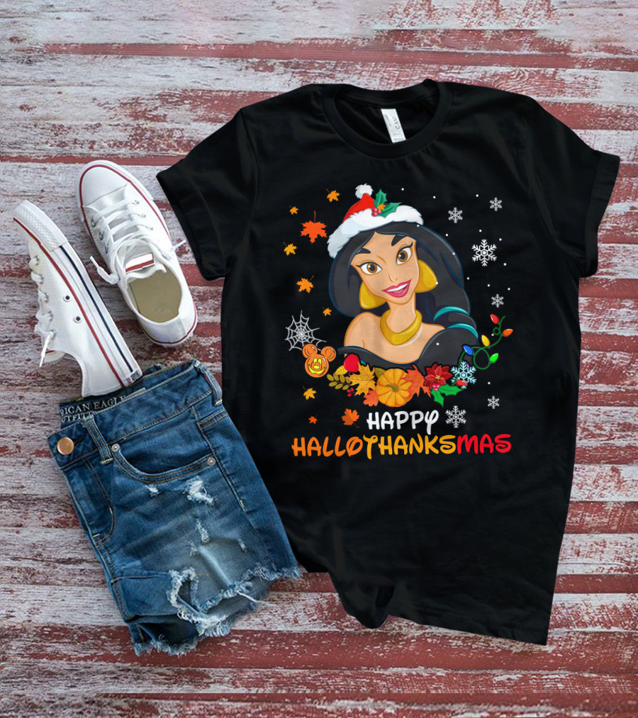 Jasmine Happy Hallothanksmas Snowflakes Autumn Leaves Santa Hat T-Shirt