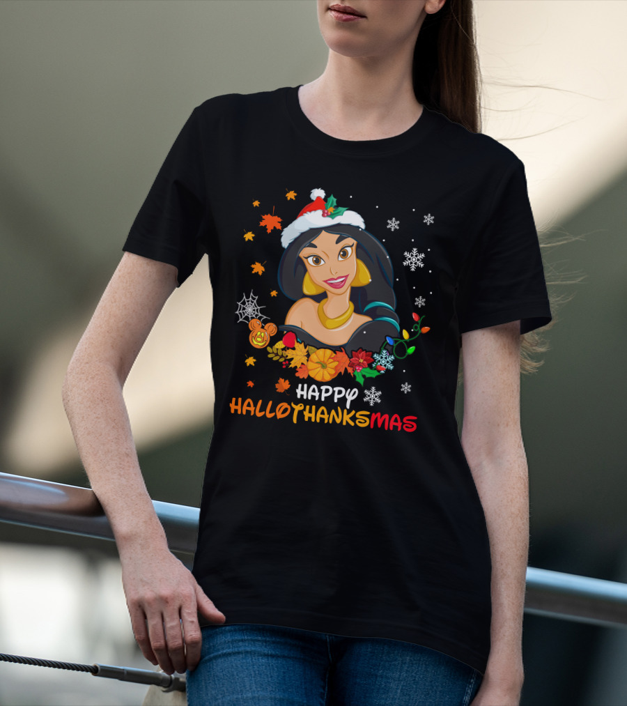 Jasmine Happy Hallothanksmas Snowflakes Autumn Leaves Santa Hat T-Shirt