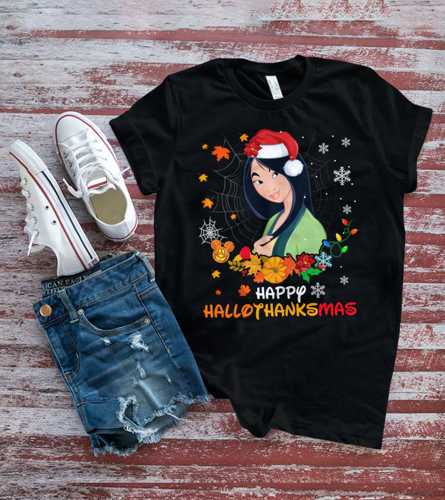 Happy Hallothanksmas Mulan Snowflakes Santa Hat Leaves T-Shirt