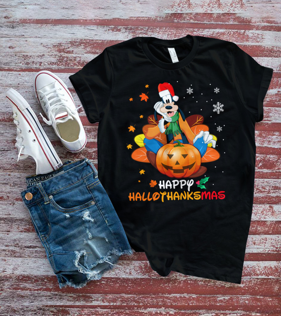 Happy Hallothanksmas Goober Leaves Pumpkin Snowflakes Santa Hat T-Shirt