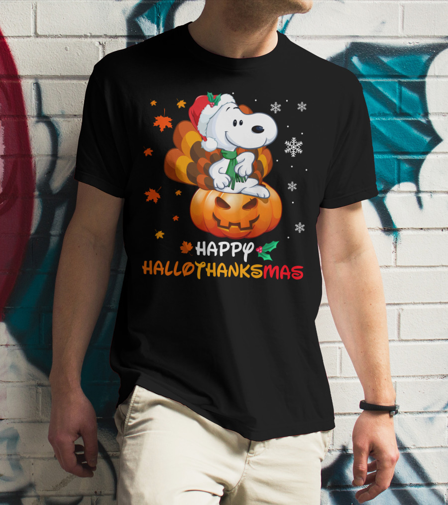Snoopy Happy Hallothanksmas Pumpkin Snowflakes Santa Hat Scarf T-Shirt
