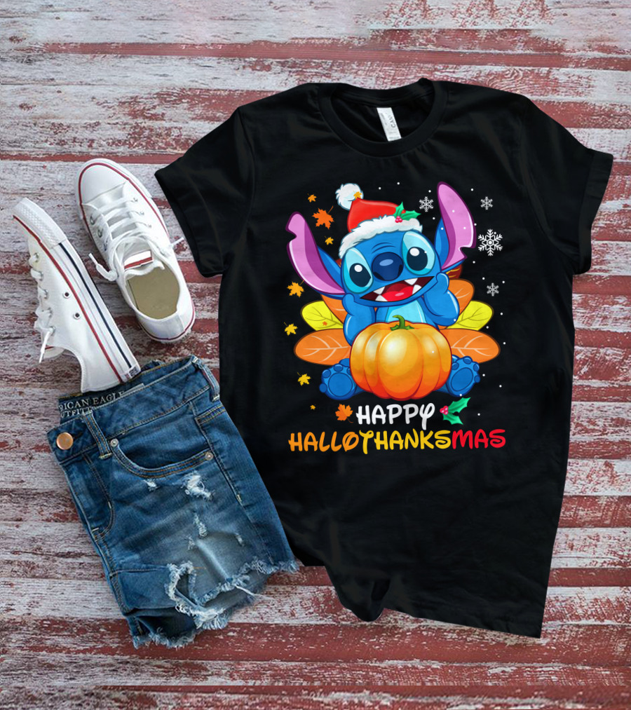 Stitch Happy Hallothanksmas Pumpkin Santa Hat Snowflakes T-Shirt
