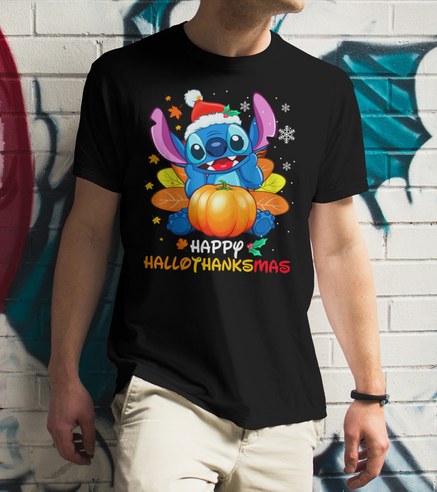 Stitch Happy Hallothanksmas Pumpkin Santa Hat Snowflakes T-Shirt