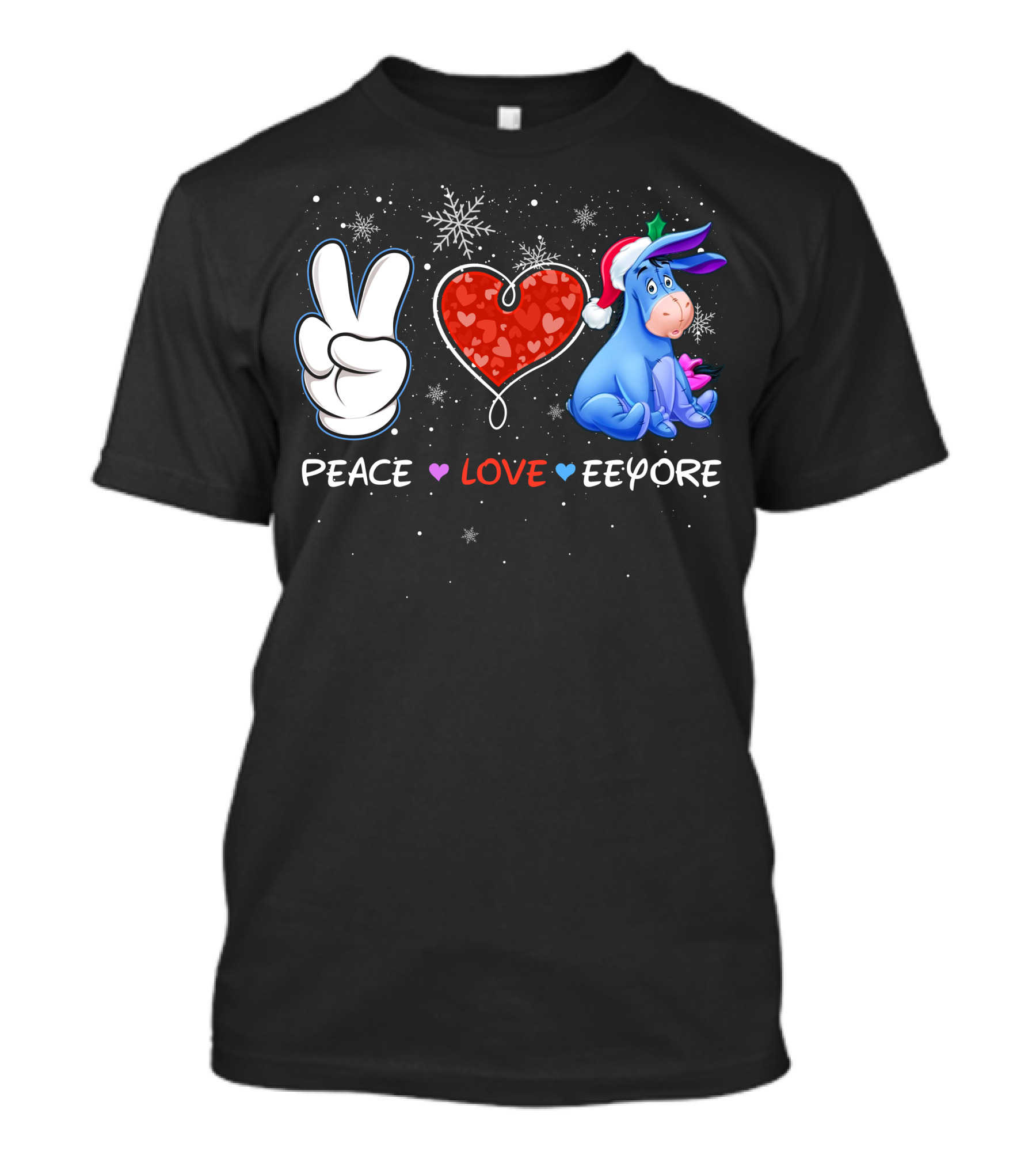 Peace Love Eeyore Santa Hat Winter Snowflakes T-Shirt