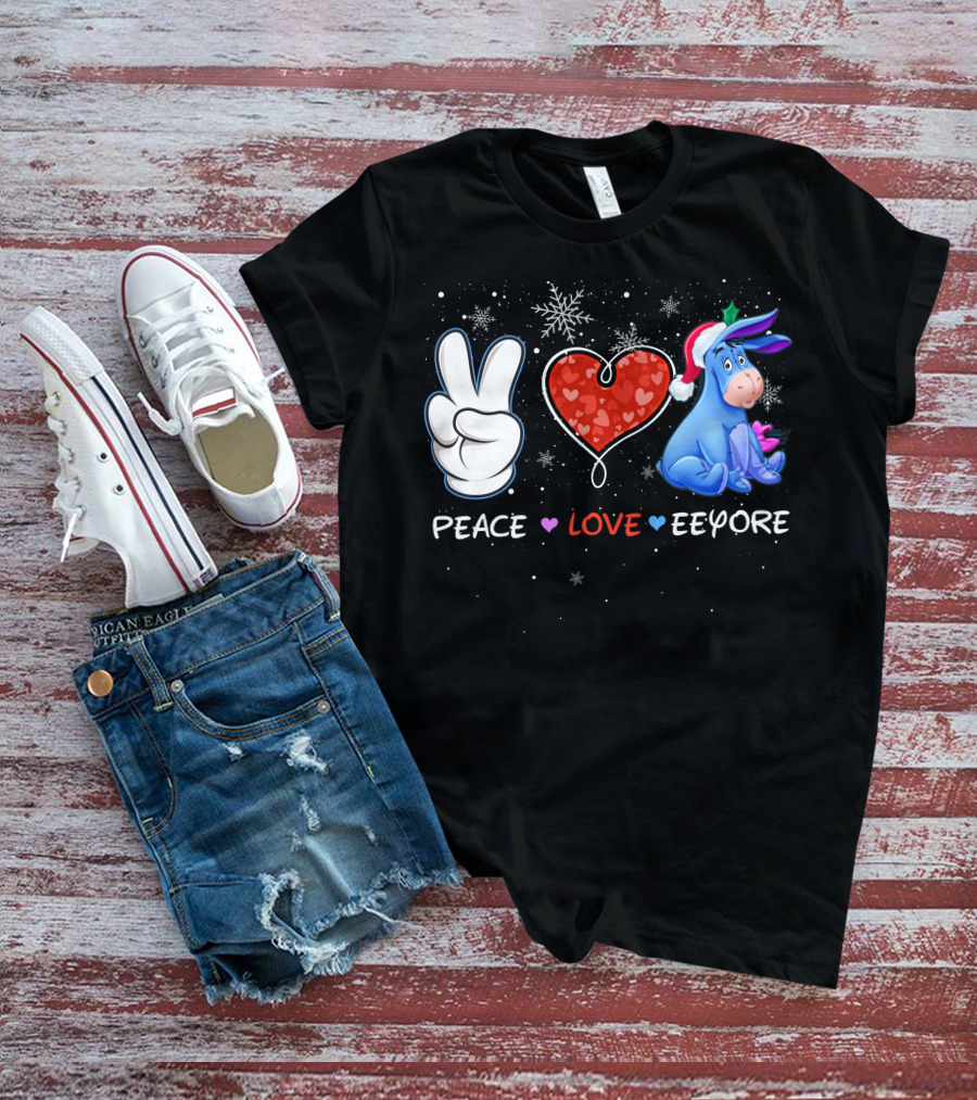 Peace Love Eeyore Santa Hat Winter Snowflakes T-Shirt
