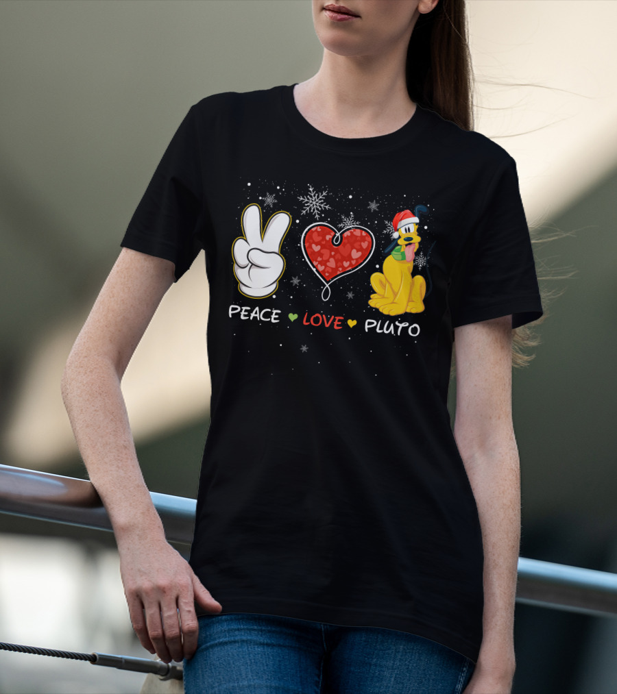 Peace Love Pluto Christmas Santa Hat Snowflakes T-Shirt