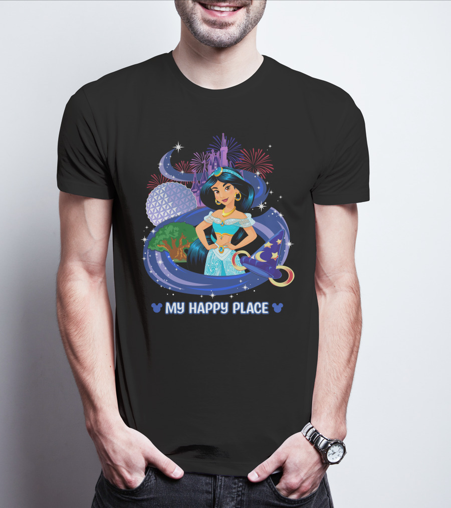 Jasmine My Happy Place Disney Princess Fireworks Magic Castle Mickey Epcot Disney World T-Shirt