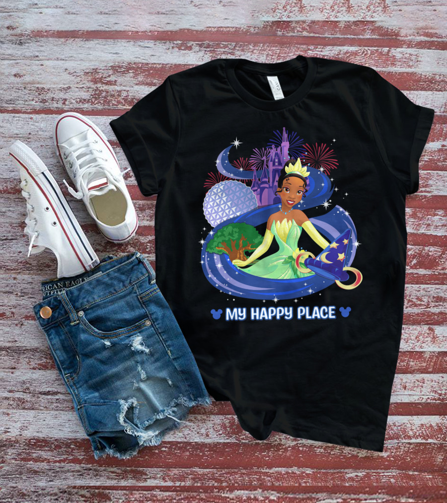 Tiana My Happy Place Disney Parks Epcot Fireworks Castle Sorcerer Hat T-Shirt