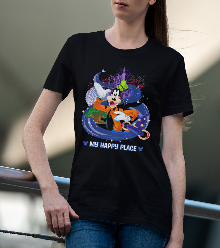 Goofy My Happy Place Disney Fireworks Epcot Sorcerer Mickey's Hat T-Shirt