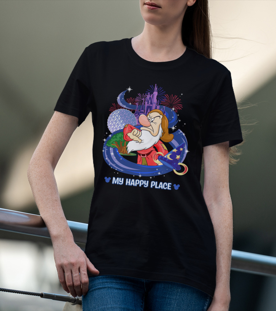 Grumpy My Happy Place Disney World Fireworks Mickey Ears T-Shirt