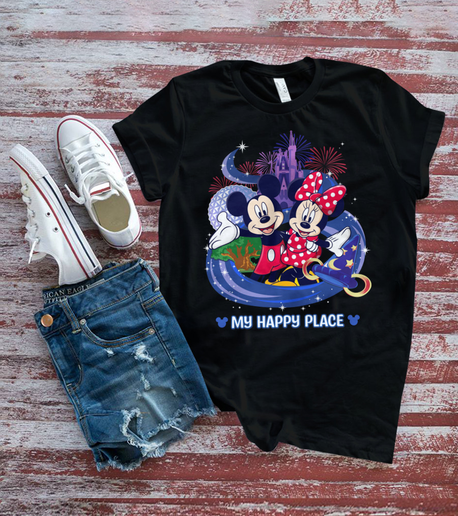 Mickey Minnie My Happy Place Disney Castle Fireworks T-Shirt