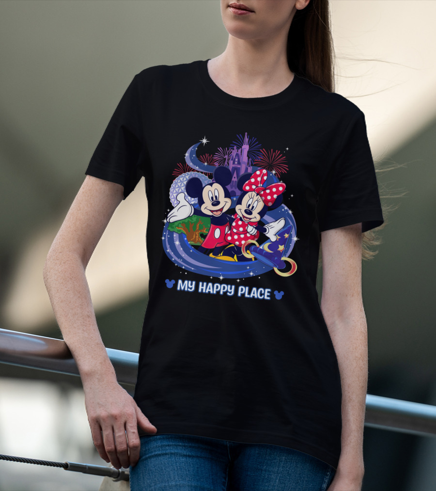 Mickey Minnie My Happy Place Disney Castle Fireworks T-Shirt