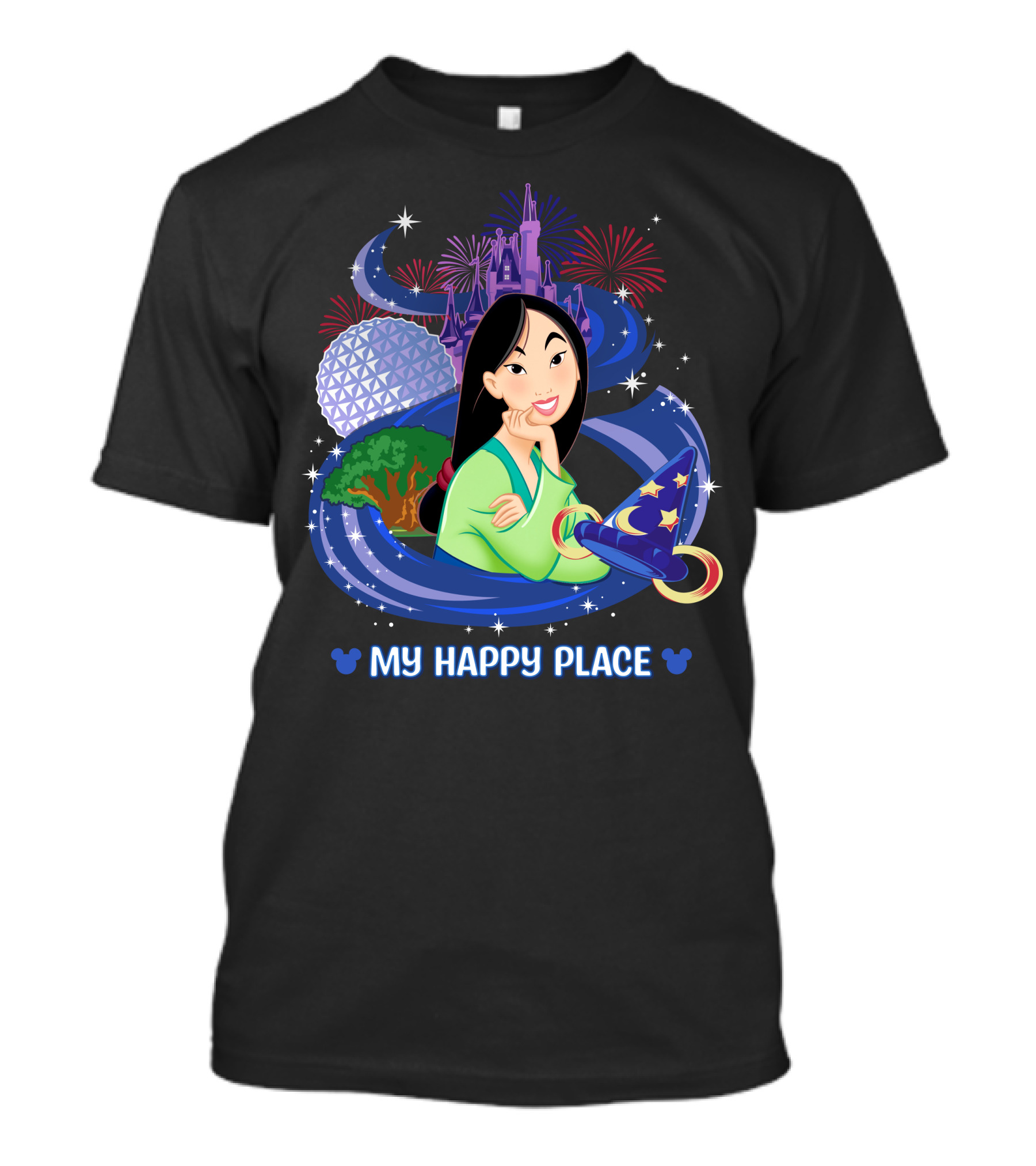 Mulan My Happy Place With Fireworks And Disney World Elements T-Shirt