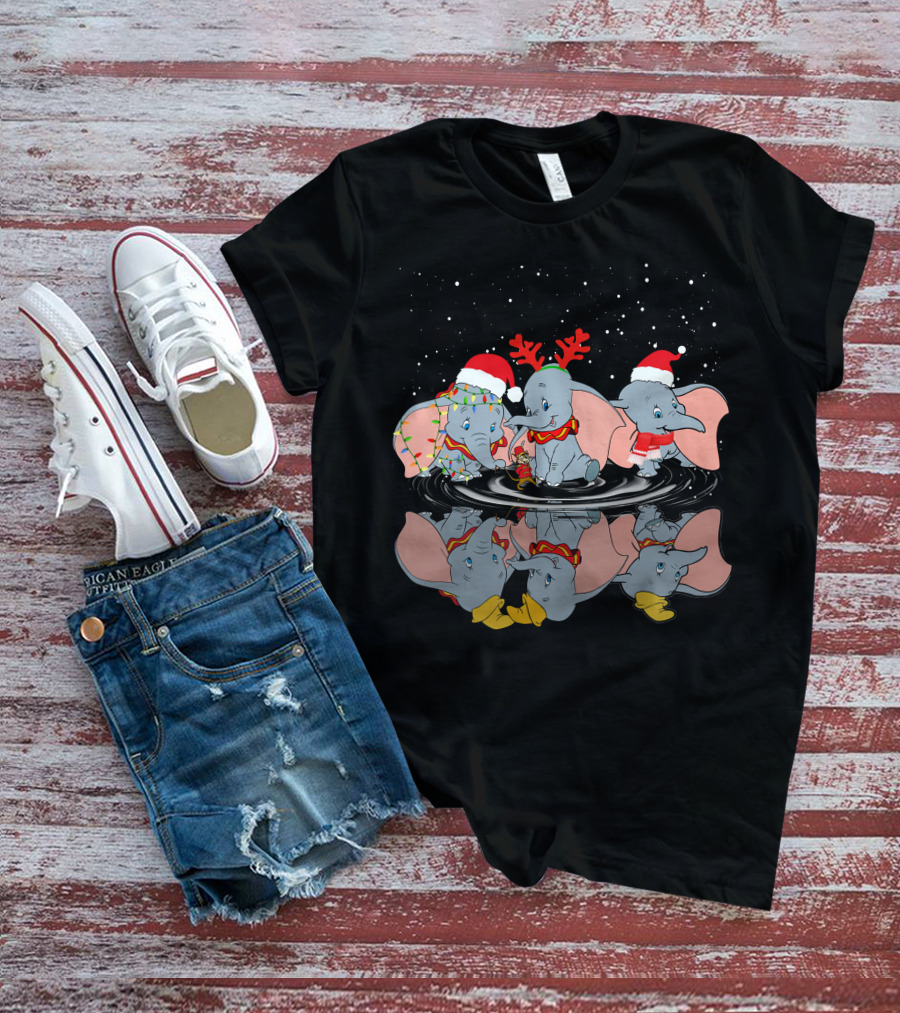 Dumbo Christmas Santa Hats And Reindeer Antlers Snowy Night T-Shirt