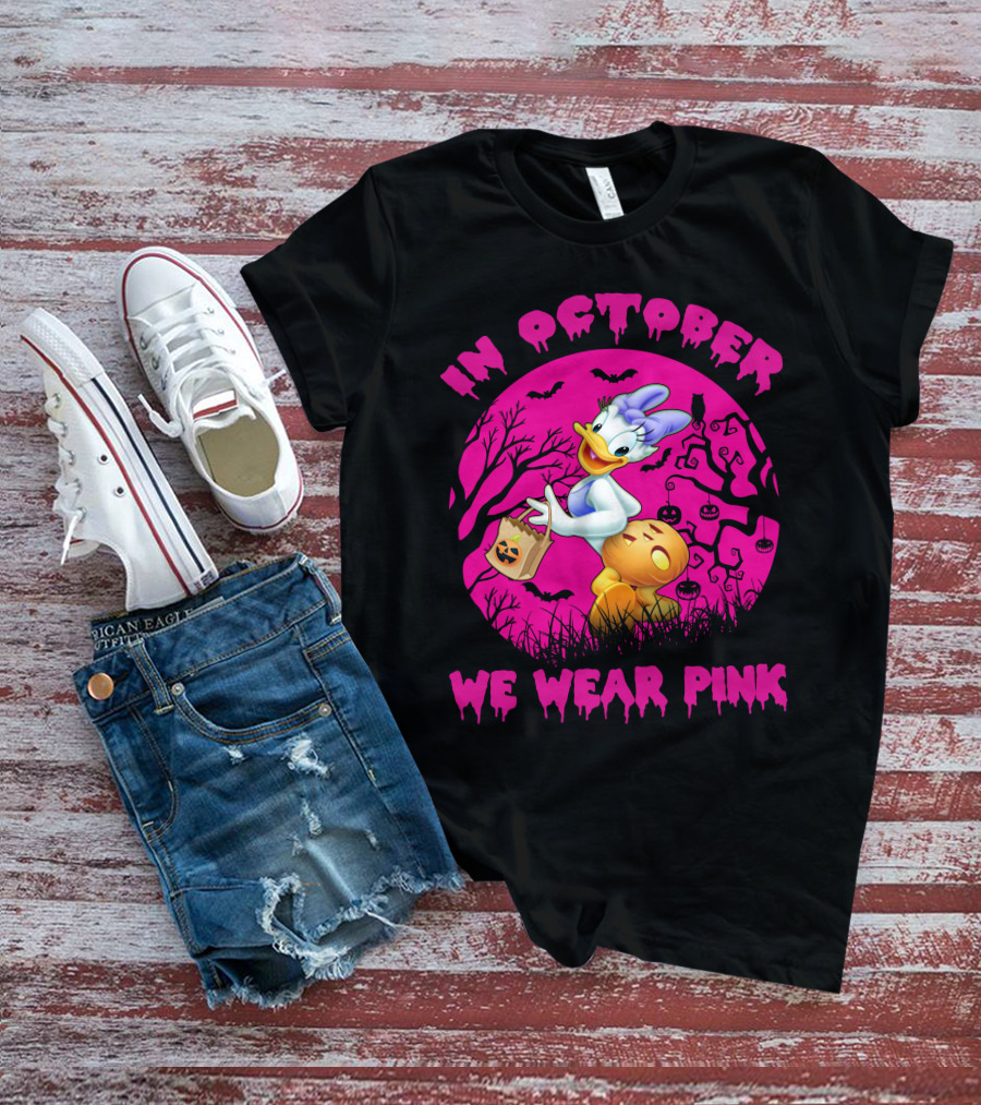 In October We Wear Pink Daisy Duck Halloween Theme T-Shirt