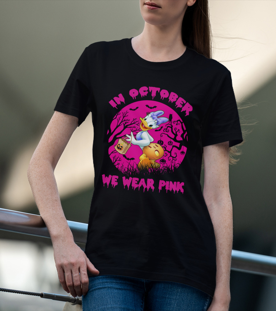 In October We Wear Pink Daisy Duck Halloween Theme T-Shirt