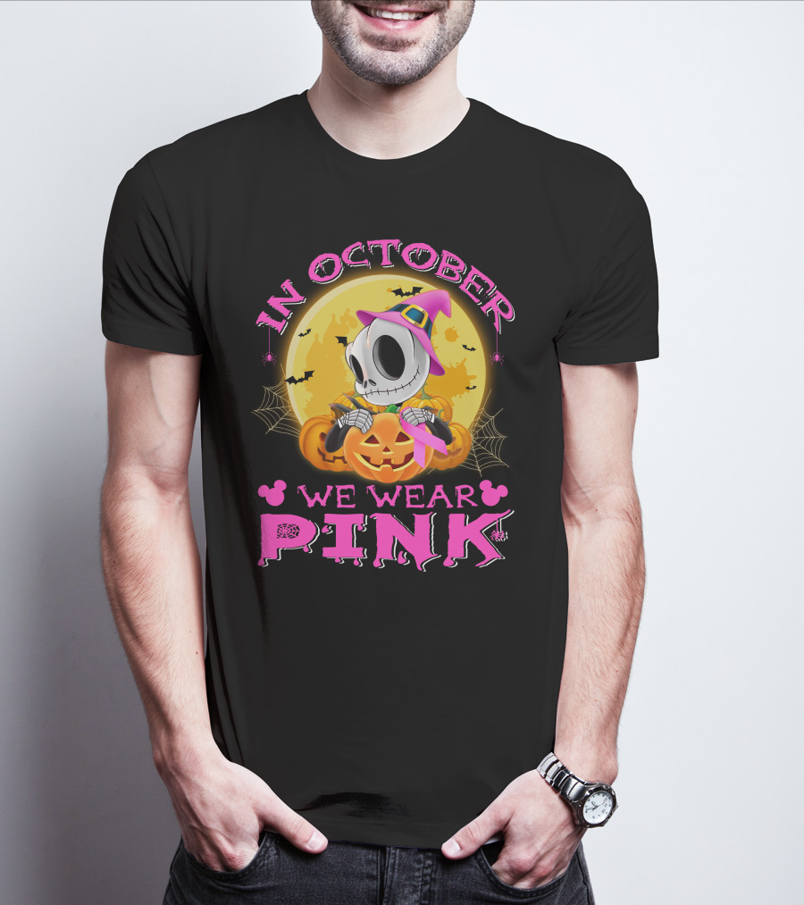 In October We Wear Pink Halloween Pumpkin Skeleton T-Shirt
