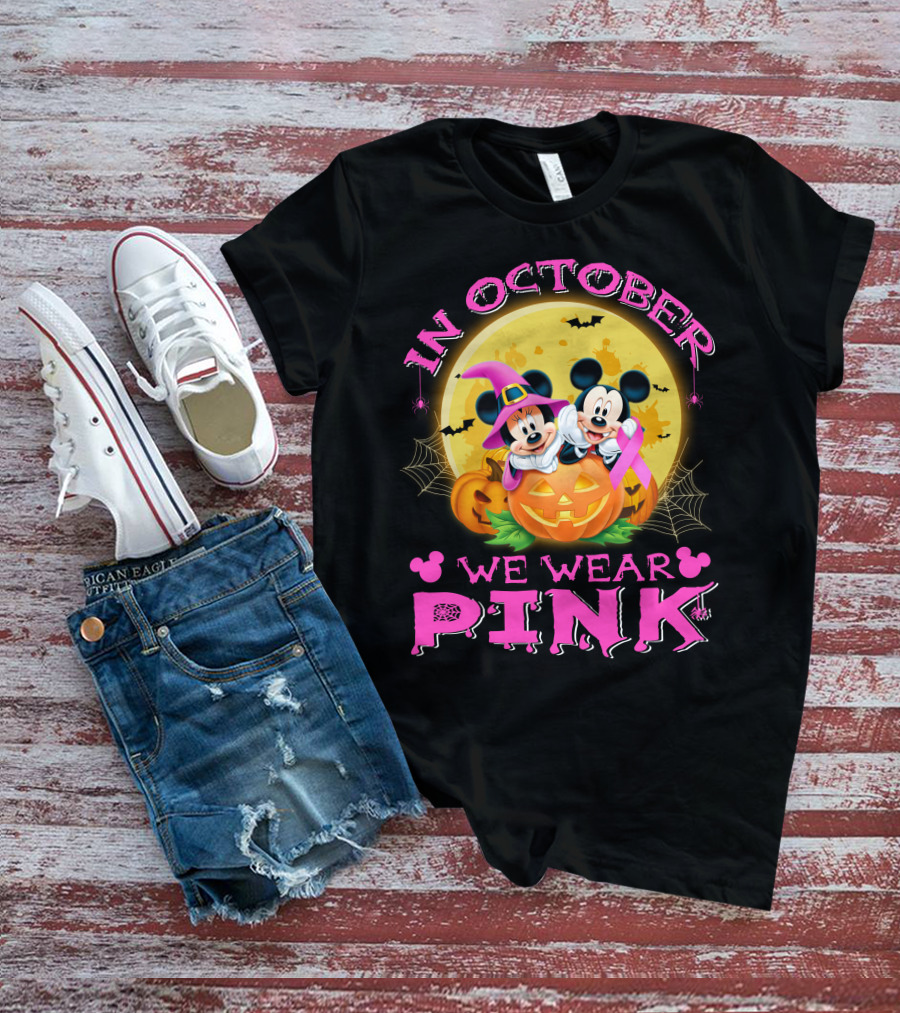 In October We Wear Pink Mickey And Minnie Halloween Pumpkin T-Shirt
