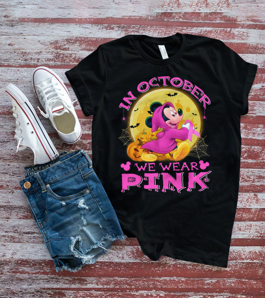 In October We Wear Pink Mickey Mouse Halloween Pumpkin Bats T-Shirt