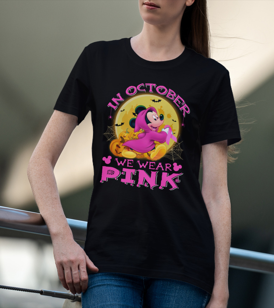 In October We Wear Pink Mickey Mouse Halloween Pumpkin Bats T-Shirt