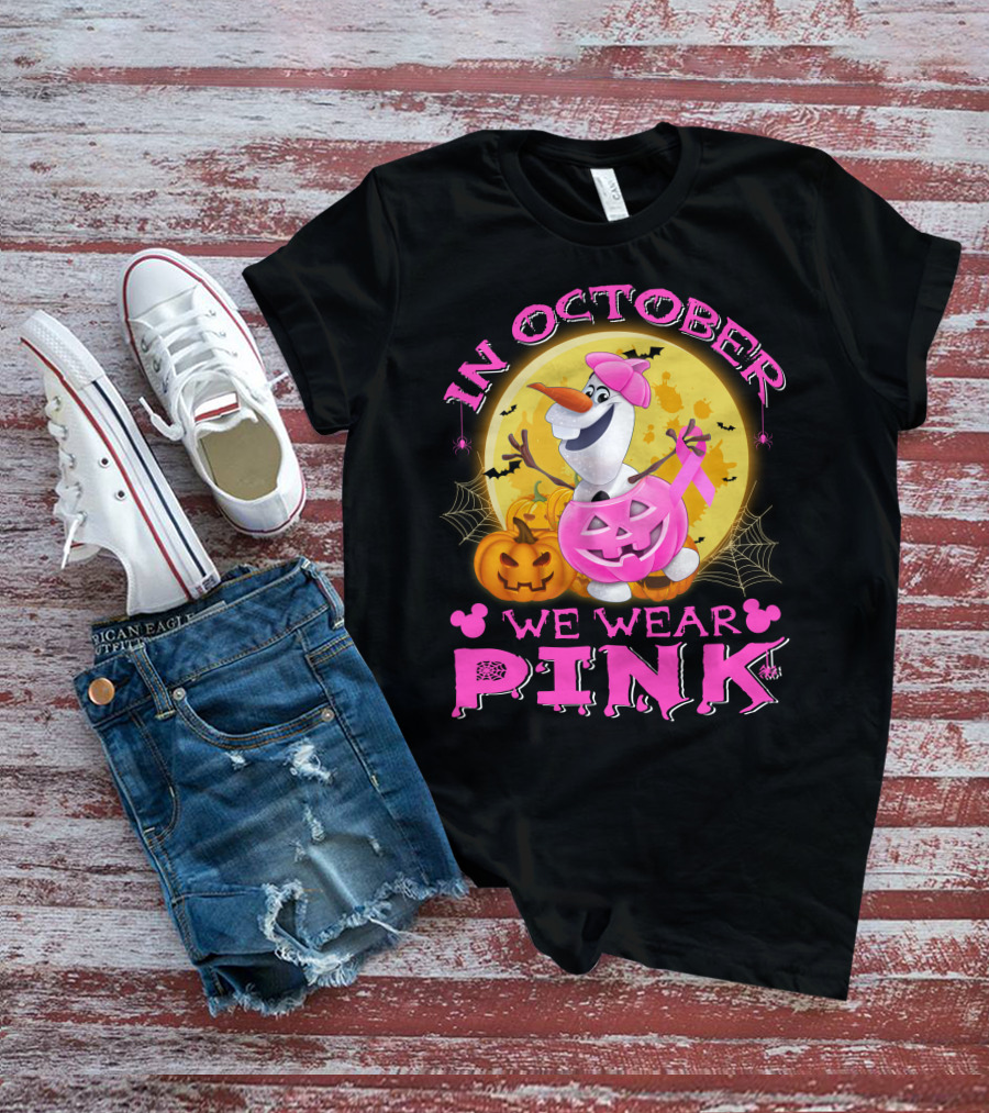 In October We Wear Pink Olaf Halloween Pumpkins And Bats T-Shirt