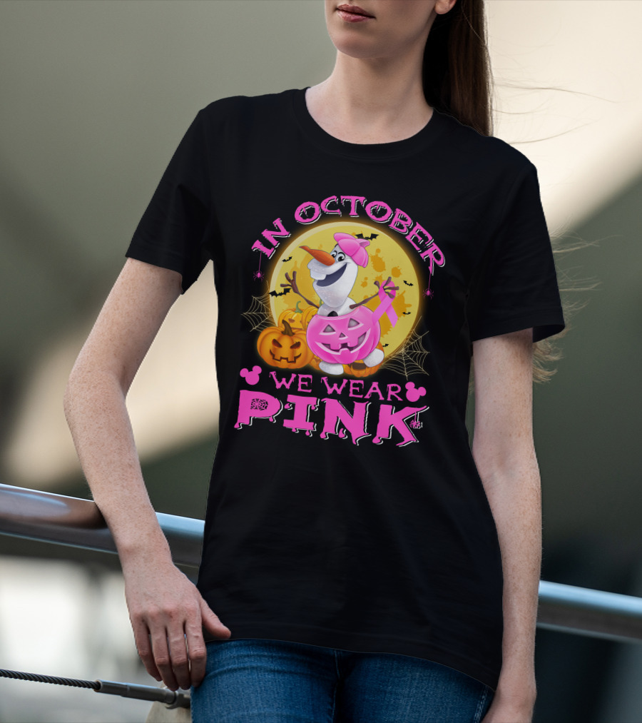 In October We Wear Pink Olaf Halloween Pumpkins And Bats T-Shirt