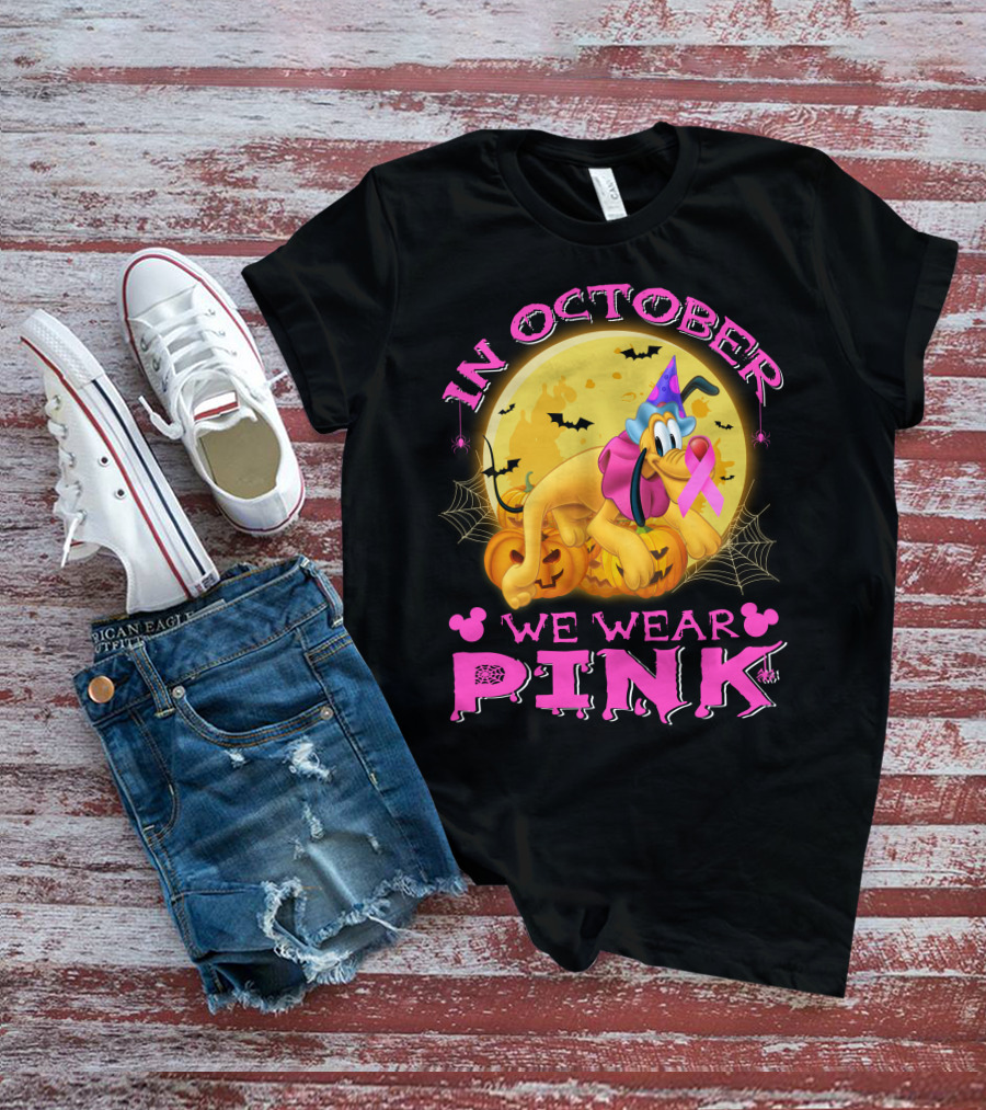 In October We Wear Pink Pluto Halloween Pumplin Bat Webs T-Shirt