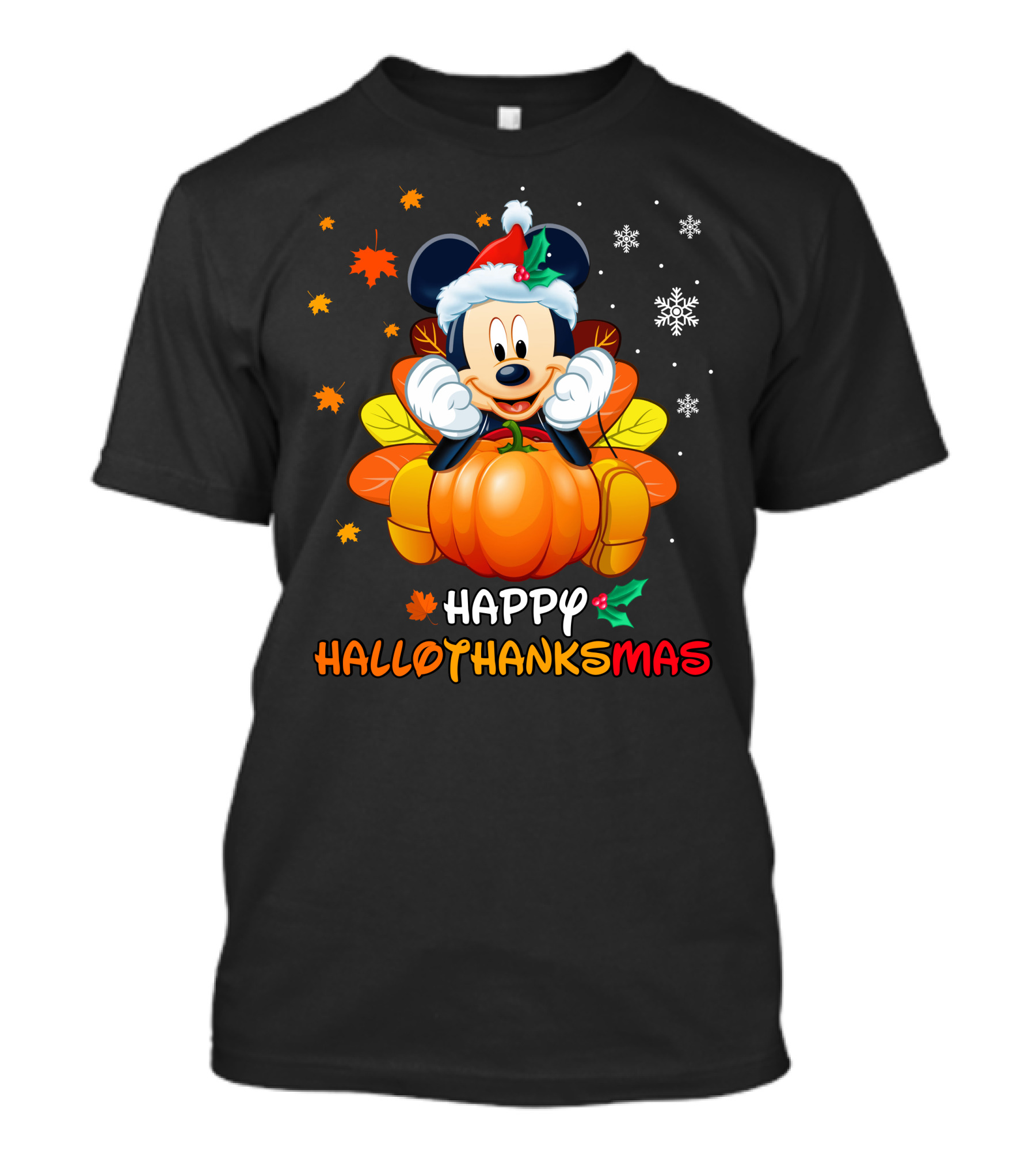 Happy Hallothanksmas 2 Mickey Mouse Pumpkin Santa Hat Fall Leaves Snowflakes T-Shirt