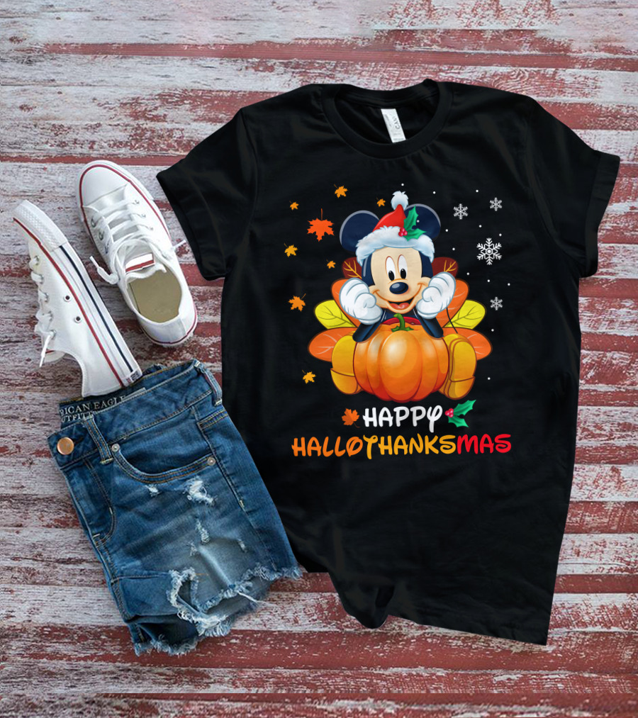 Happy Hallothanksmas 2 Mickey Mouse Pumpkin Santa Hat Fall Leaves Snowflakes T-Shirt