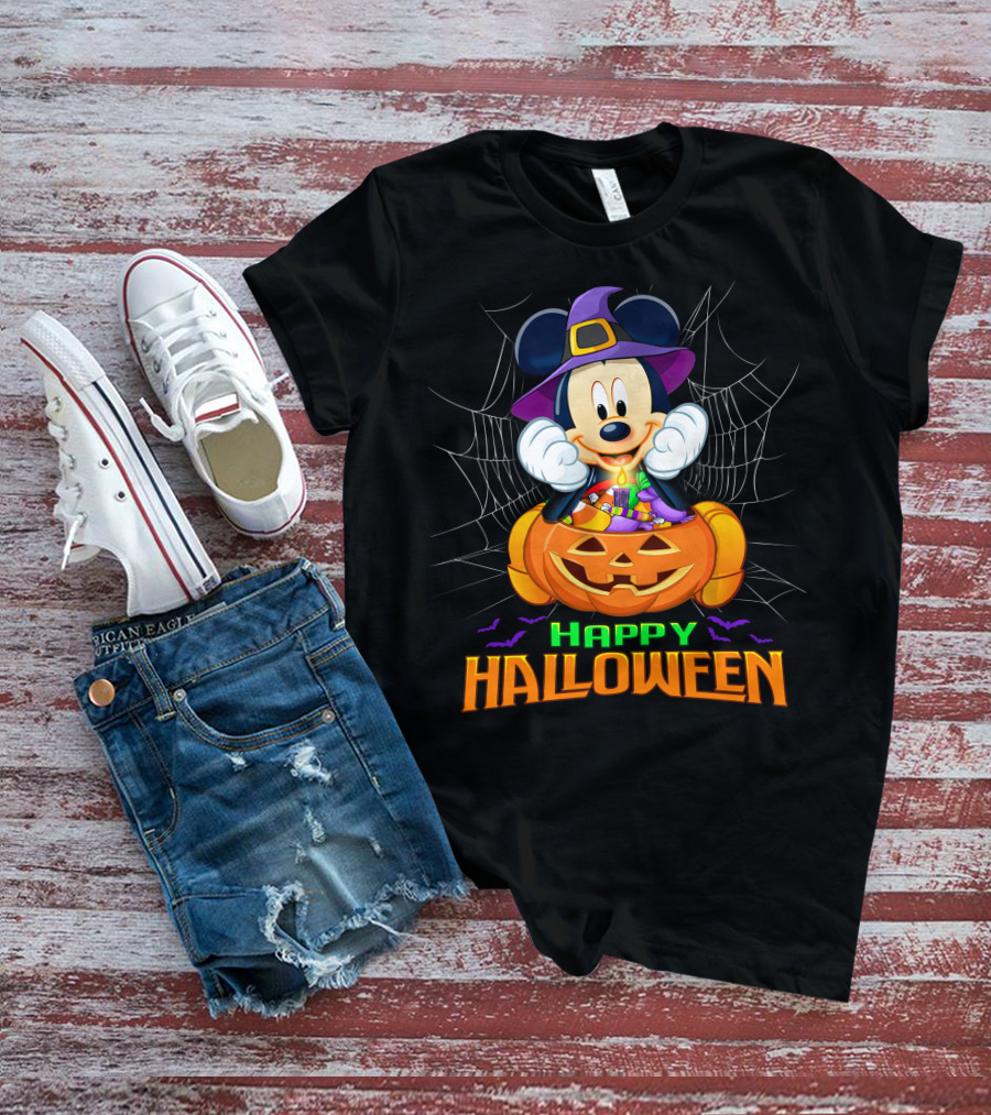 Happy Halloween Mickey Pumpkin And Spider Web T-Shirt