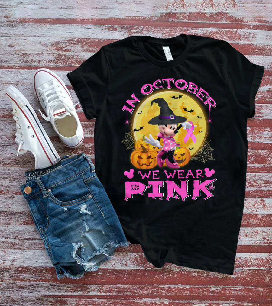 In October We Wear Pink Minnie Halloween Breast Cancer Awareness T-Shirt