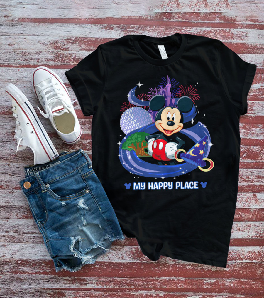 Mickey My Happy Place Disney Castle Fireworks Sorcerer's Hat T-Shirt