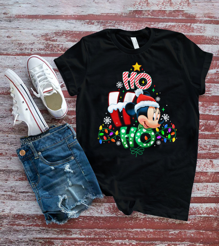 Minnie Hohoho Christmas Lights Snowflakes Star Santa Hat T-Shirt