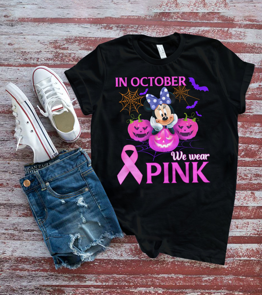 In October We Wear Pink Minnie Bow Pumpkins Ribbon Bats Halloween T-Shirt