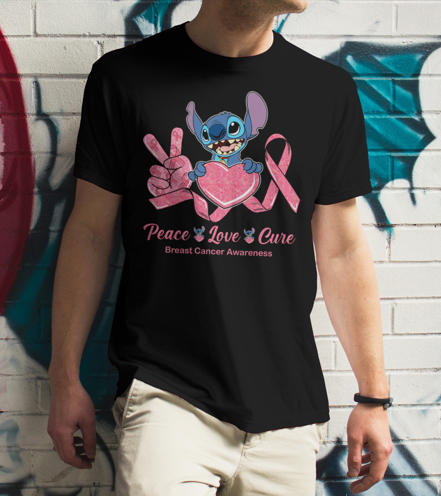 Peace Love Cure Breast Cancer Awareness Stitch T-Shirt