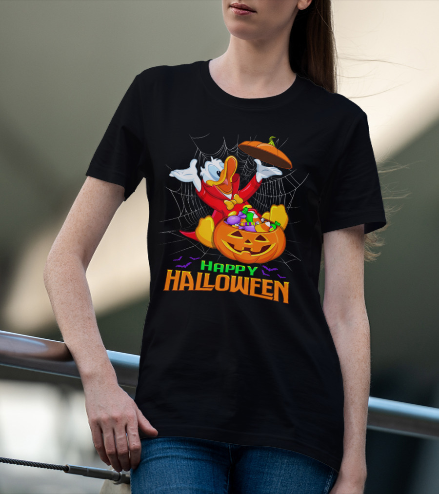 Happy Halloween Donald Duck In Pumpkin Suit With Candy And Spiderweb T-Shirt