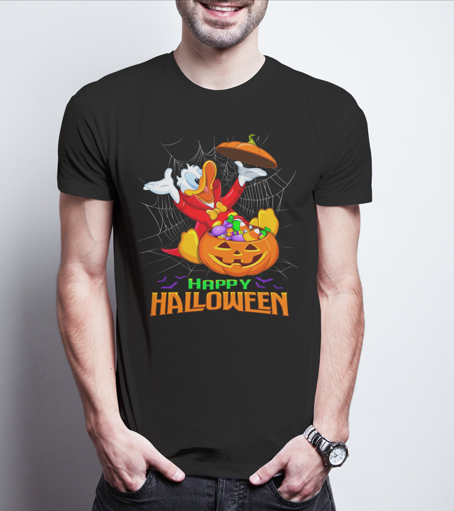 Happy Halloween Donald Duck In Pumpkin Suit With Candy And Spiderweb T-Shirt